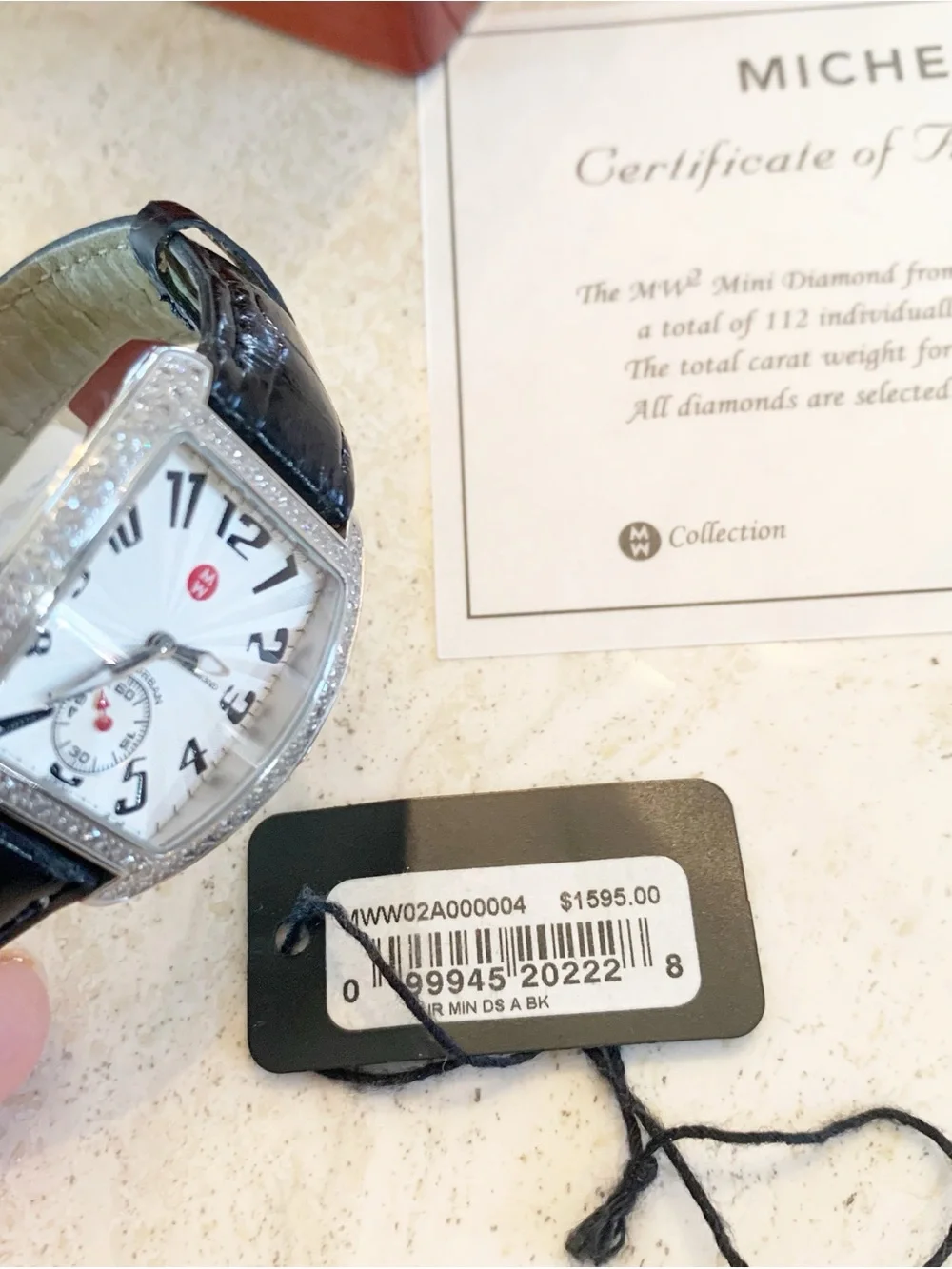 Michele Silver Crystal-Trim Watch with Black Leather Strap